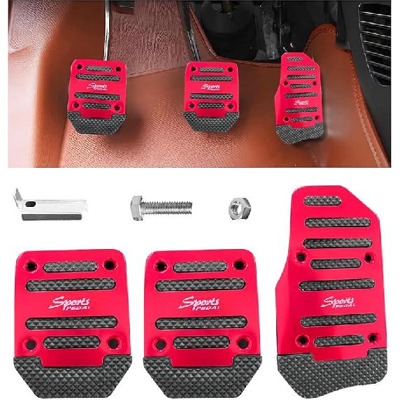 Ziciner 3PCS Non-Slip Car Pedal Pads, Manual Gearbox Gas Pedal Brake Pedal Cover, Aluminum Alloy Brake Gas Clutch Pedal Kits, Universal Replacement