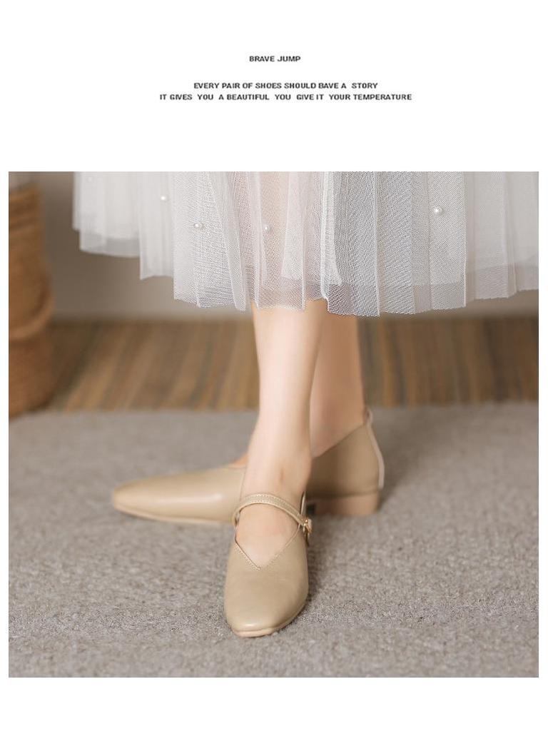 2023 Retro Low-Heeled Mary Jane Shoes: Square Toe, Soft Leather, Shallow-Mouth with Buckle Design for Women