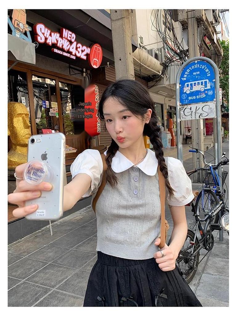 Women's Gray Peter Pan Collar Knit Top – Short-Sleeve, Summer, Fashionable Two-Piece Design