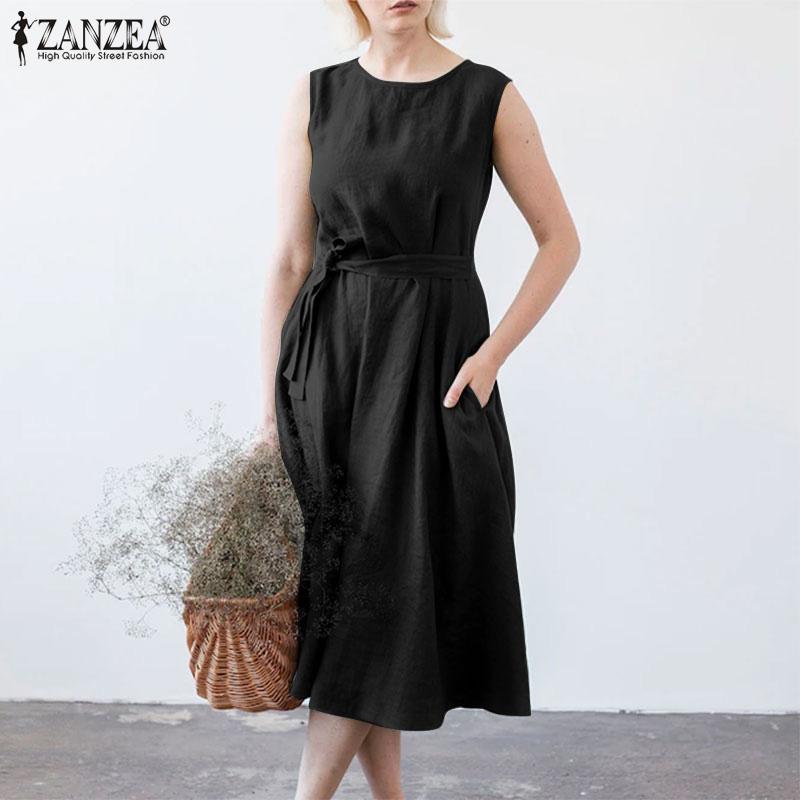 

ZANZEA Летнее повседневное хлопковое платье без рукавов с круглым вырезом