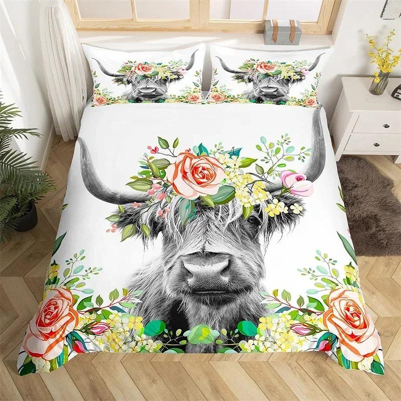 Highland Cow Duvet Cover King Queen Western Farm Animal Comforter Cover Microfiber Bull Cattle Floral Bedding Set For Kids Teen