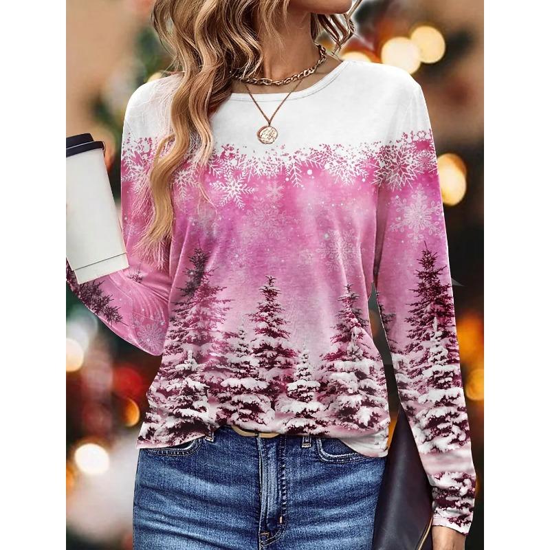 Top cu gât rotund de primăvară și toamnă, cu temă de Crăciun, imprimat 3D, tricouri de damă la modă și casual cu mâneci lungi