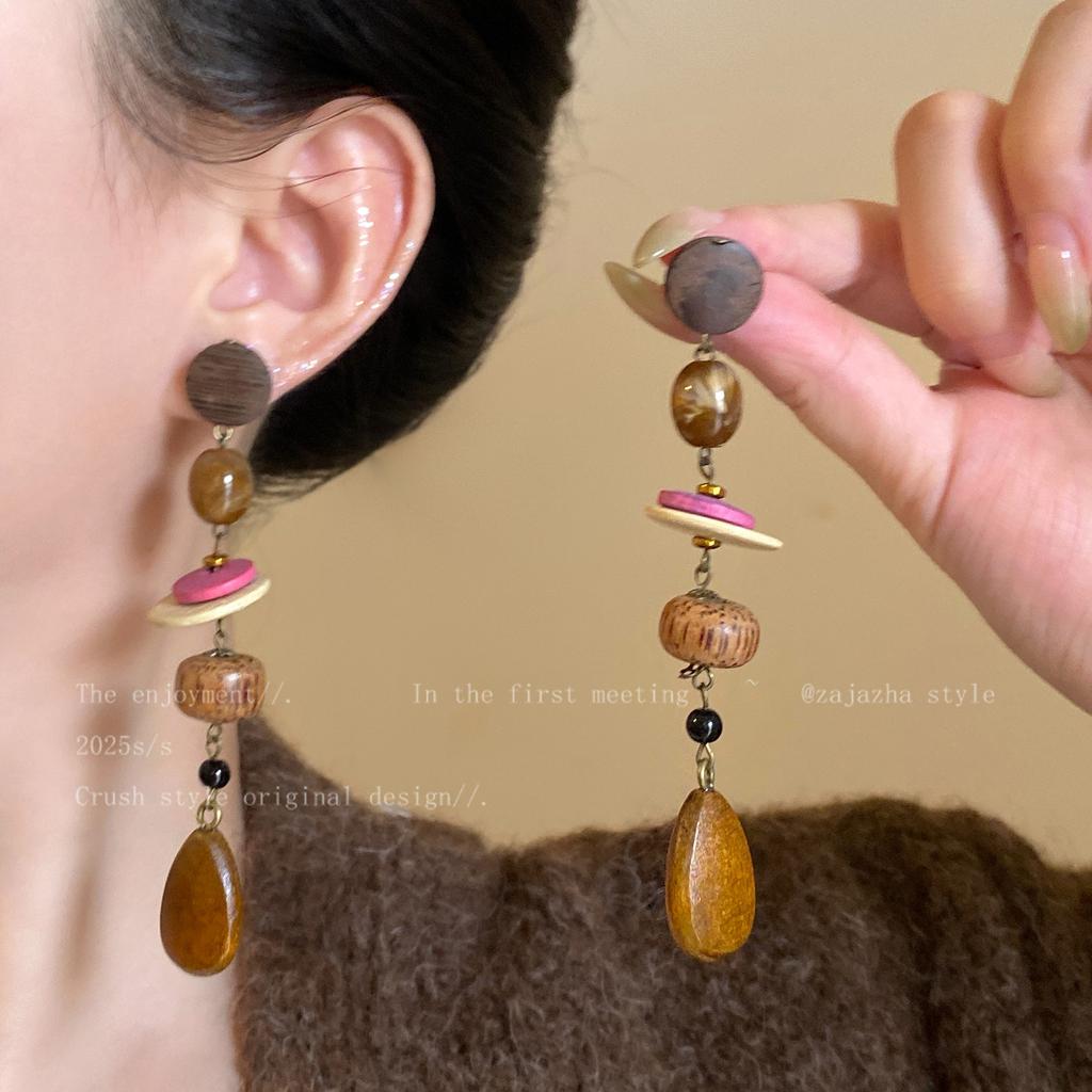 European and American retro fabric flower fringed leopard print earrings earrings personalized temperament earrings women