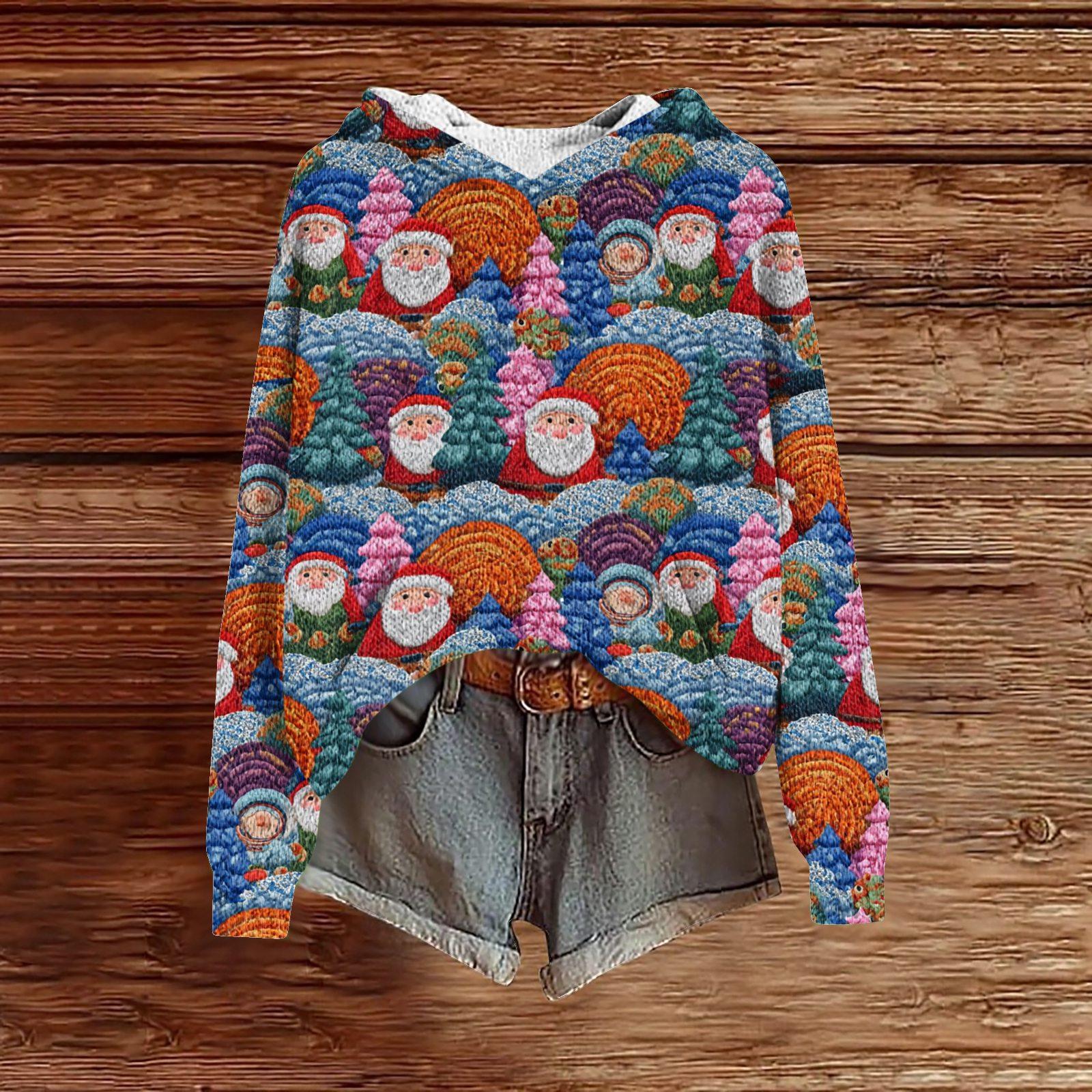 

Women’s Long Sleeve Hooded Pullover Sweatshirt Santa Print Casual Loose Fit Soft Fabric Comfortable Top L синий