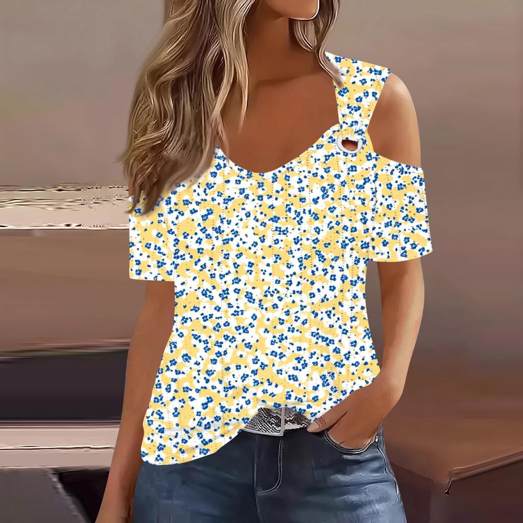 Sexy Cold Sholuder Tops For Women  Summer Hollow Out Eyelet Short Sleeve Blouse Loose V Neck Tshirt Trendy Casual Tunics