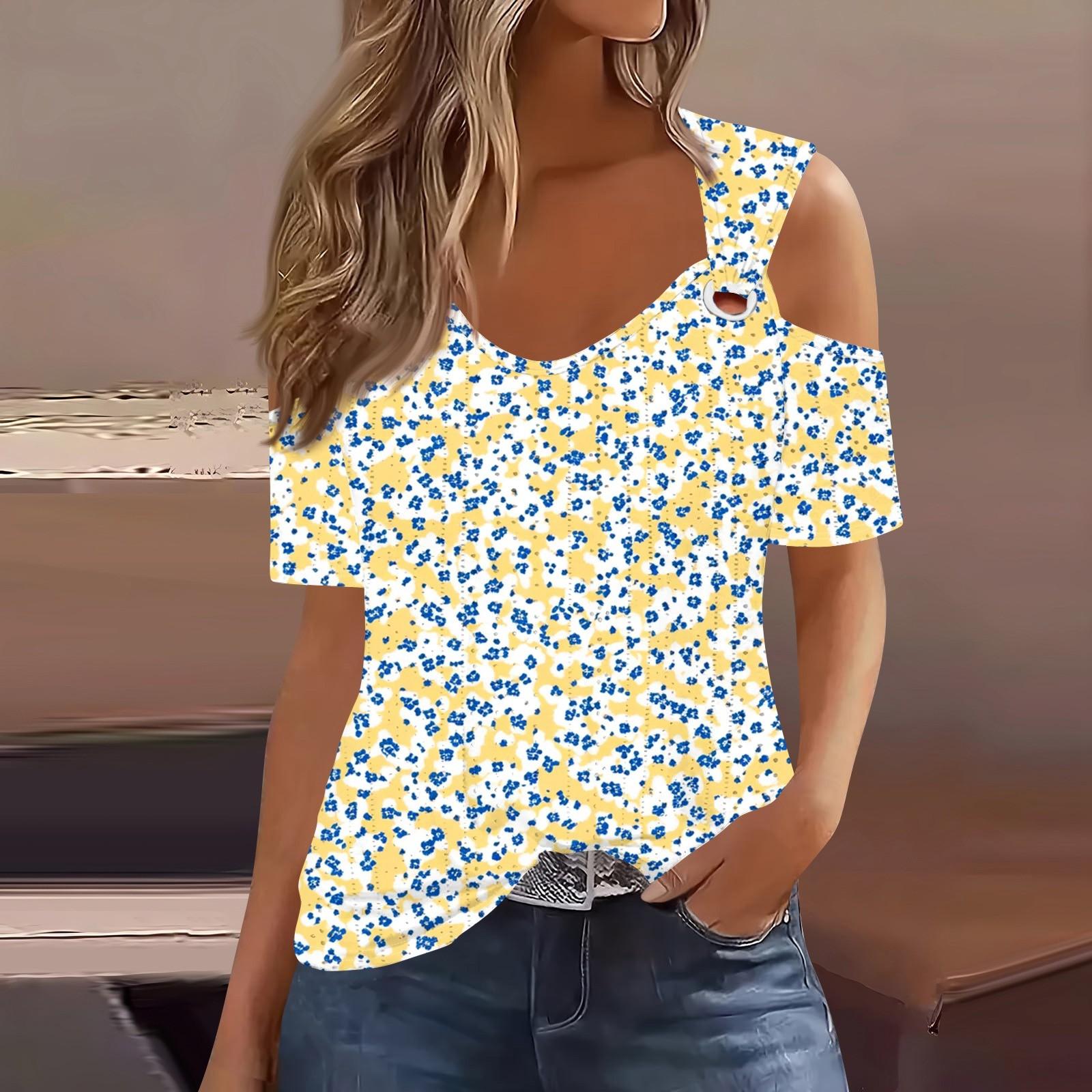 

Сексуальные топы Cold Sholuder для женщин, летняя блузка с коротким рукавом и вырезом, свободная футболка с V-образным вырезом, модные повседневные туники XL жёлтый
