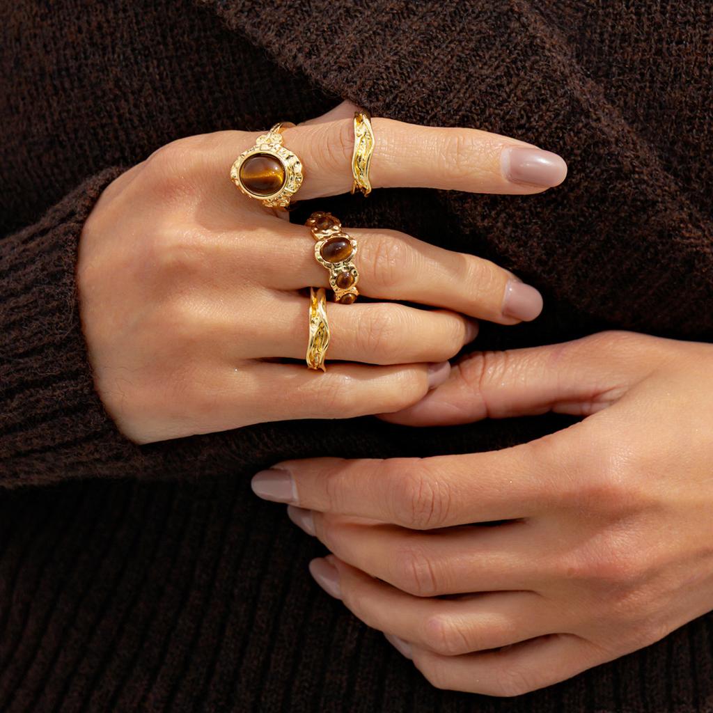 Vintage Morandi Tiger Eye Stone Open Ring, Unique Lava Sun Band Ring For Women