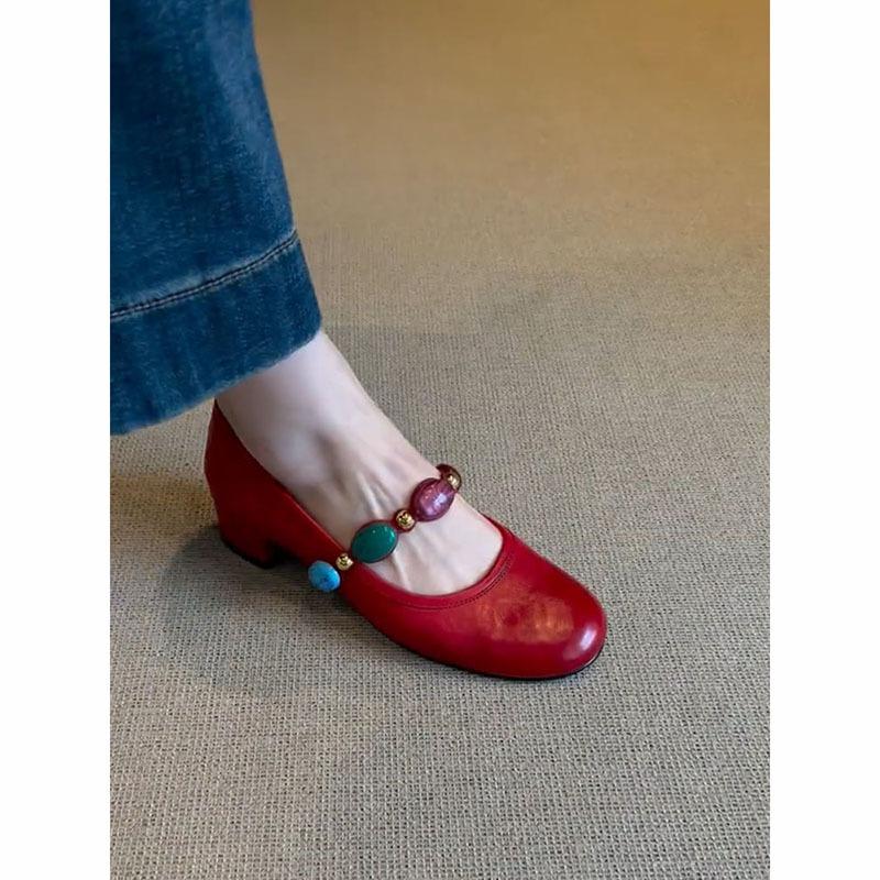 Sheepskin version~ Gem decorated high heels light mouth red shoes versatile retro leather Mary Jane shoes women's single shoes