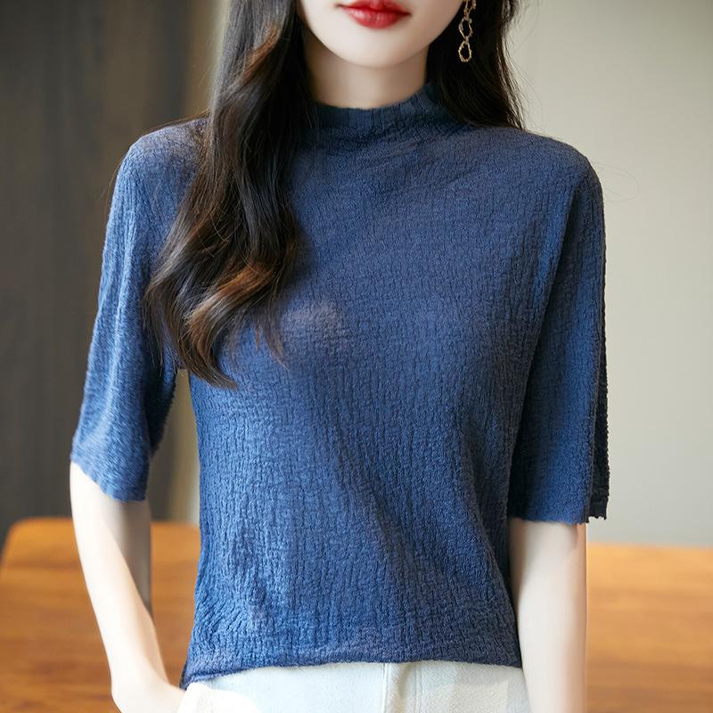 Pull en laine peignée pour l'automne et l'hiver, col semi-montant, manches moyennes, texture tricotée, plissé, couleur unie, manches trois-quarts, haut de base
