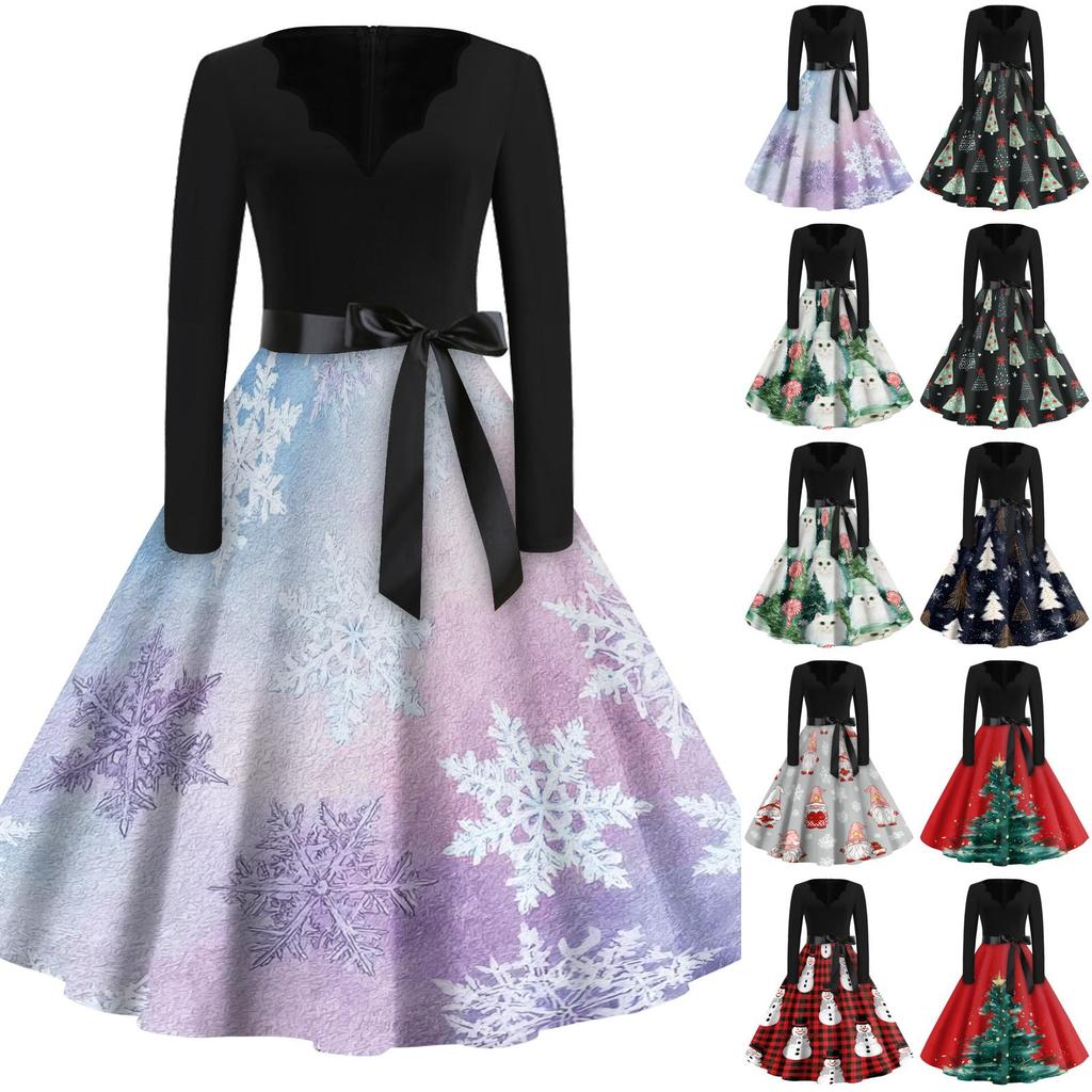 Women's Casual Vintage V-Neck Long Sleeve Dress with Christmas Print