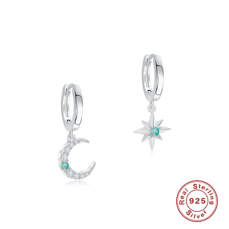 Fashion S925 Sterling Silver Star Moon Rivet Diamond Opal Earrings Ear Buckle Earrings Earrings 925 Earrings