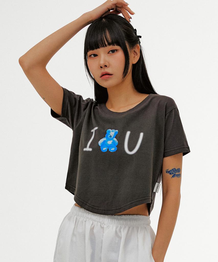 AMBLER Blue Bear, Love U Round Hem Crop Short Sleeve T-Shirt Acr505 (Dark Gray)