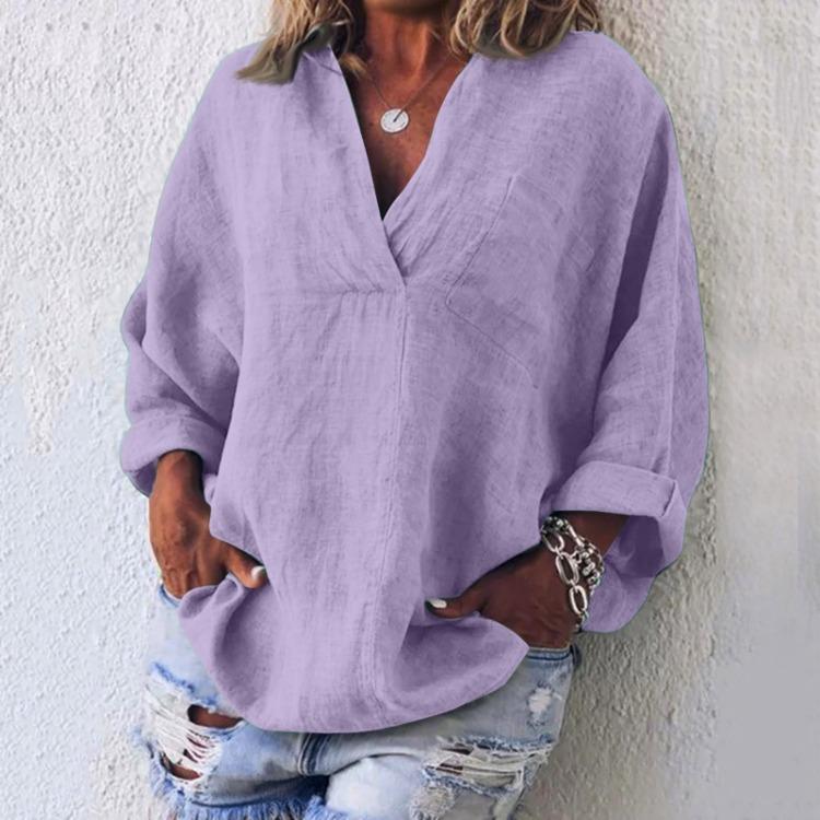 Lässiges Leinen Baumwolle V-Ausschnitt Langarm Pullover Top Damenmode