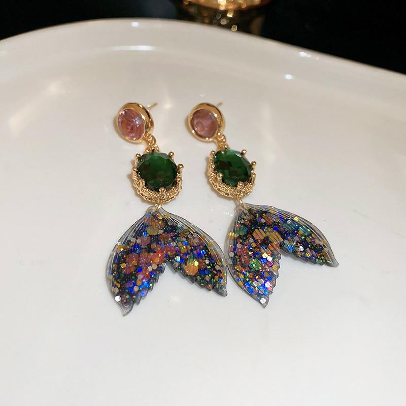 Silver needle mermaid tail diamond earrings temperament studs medieval retro earrings