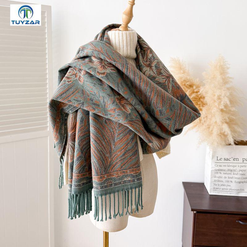 Women's Ethnic Style Double-Sided Jacquard Scarf, 2025 Autumn/Winter Collection: Thick, Warm, Soft Imitation Cashmere Long Snood Shawl.