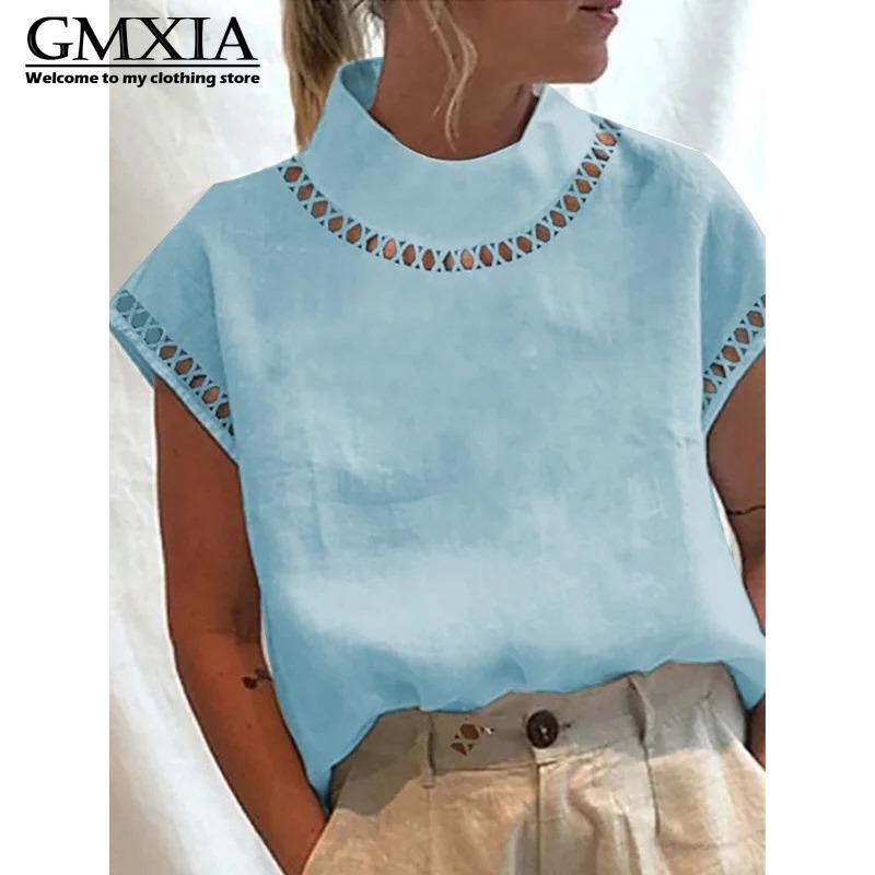 GMXIA Women's Fashion Casual Leisure Solid Color Print Short Sleeve Blouses & Shirts