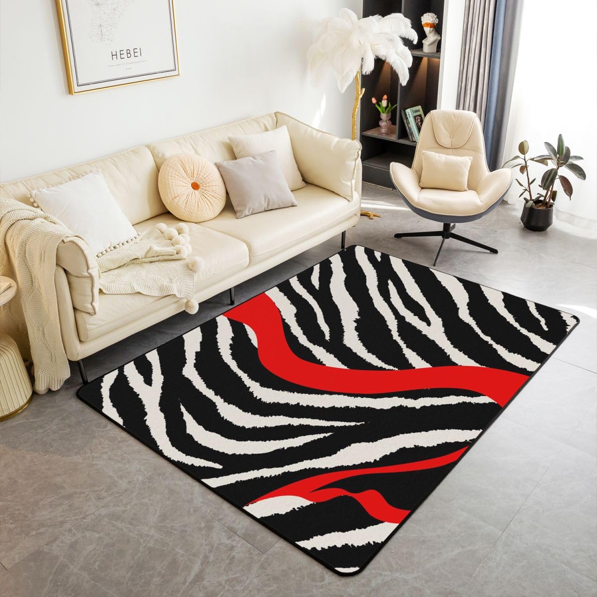 Erosebridal Black White Red Zebra Pattern Area Rug,Tiger Fur Rug for Home Decorative Abstract Stripe Animal Skin Carpet,Geometric Art Modern 160cm x 200cm