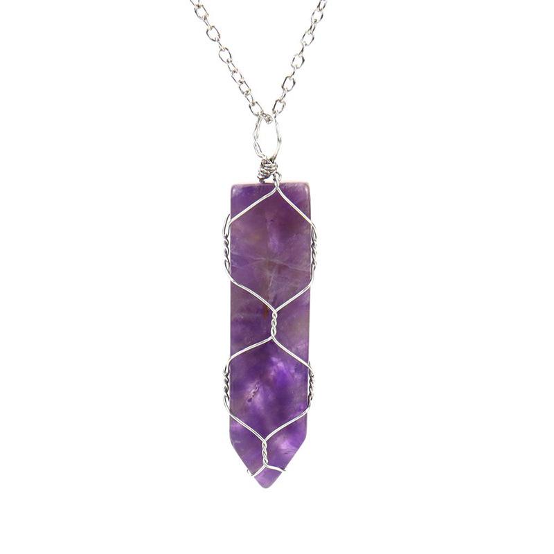 Handmade Sword-Shaped Amethyst Agate Crystal Mesh Bag Pendant Necklace