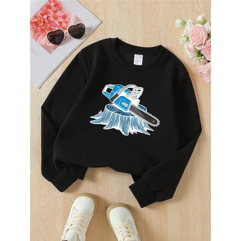 Chainsaw Tree Stump Wood Cutting Tool Girls' Fashionable Crewneck Sweatshirt, autumn and winter Western style top