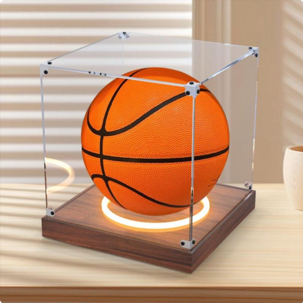 Acrylic Basketball Display Case Anti-Yellowing Clear Sports Ball Box Wooden Base