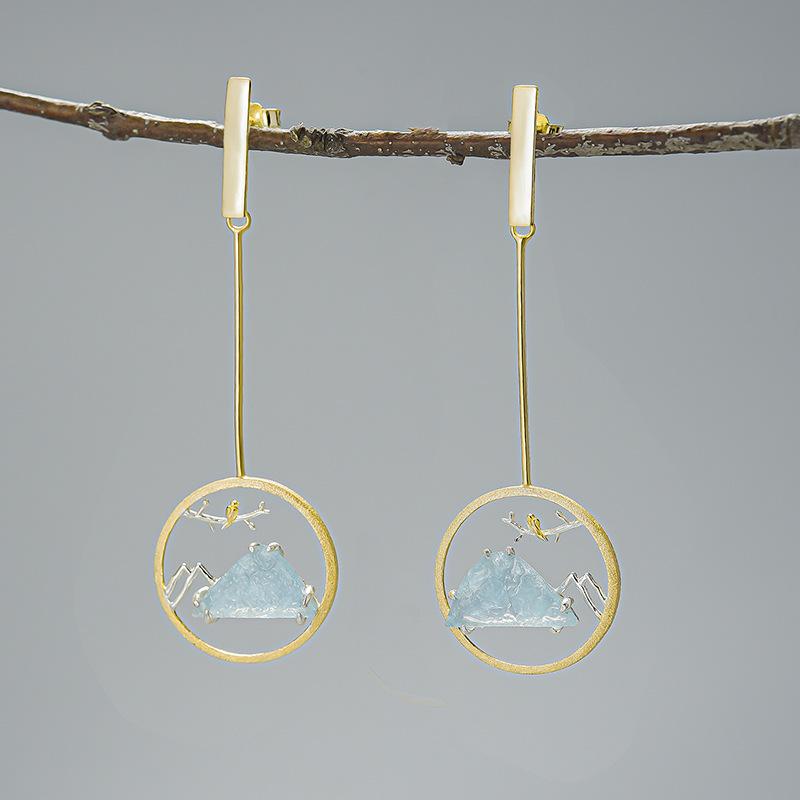 

Натуральный Аквамарин Необработанный Камень Серебро S925 Женские Серьги-Подвески в Китайском Стиле Креативной Ручной Работы S925 Silver