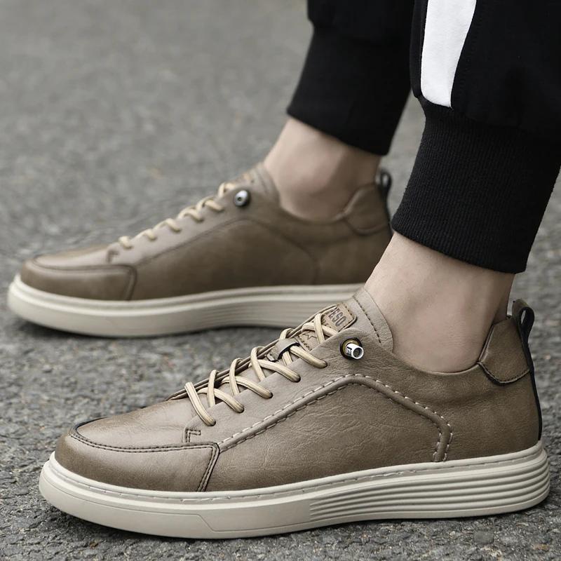 New Mens Genuine Leather Casual Shoes Italian Men Sneakers Leisure Walk Increase Male Outdoor Shoes Skateboard Vulcanized Shoes