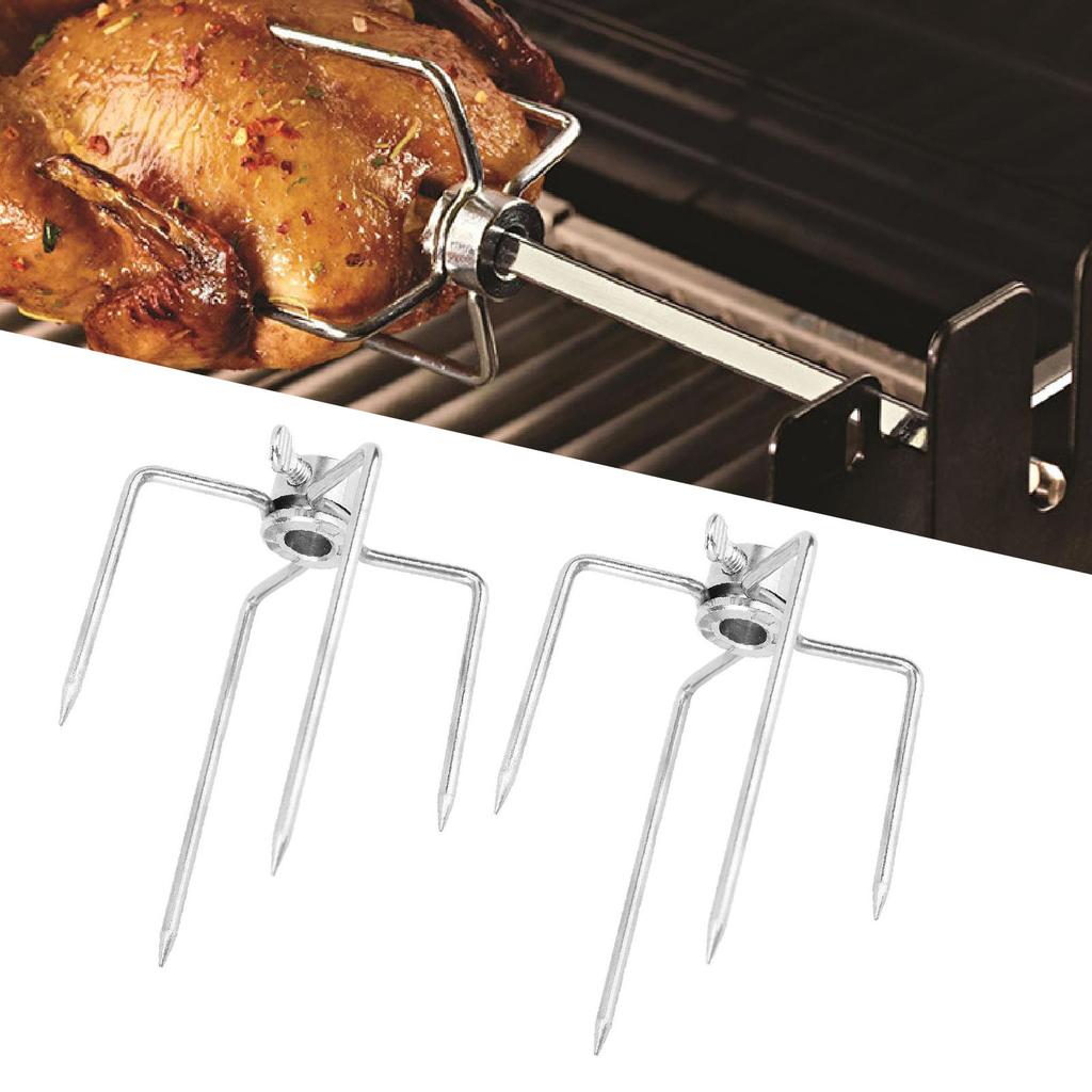 2Pcs Rotisserie Meat Forks, Stainless Steel Grill Rotisserie Spit Rod Forks with 4 Claws for Roasted Chicken Lamb Steak Electric BBQ Fork Accessories
