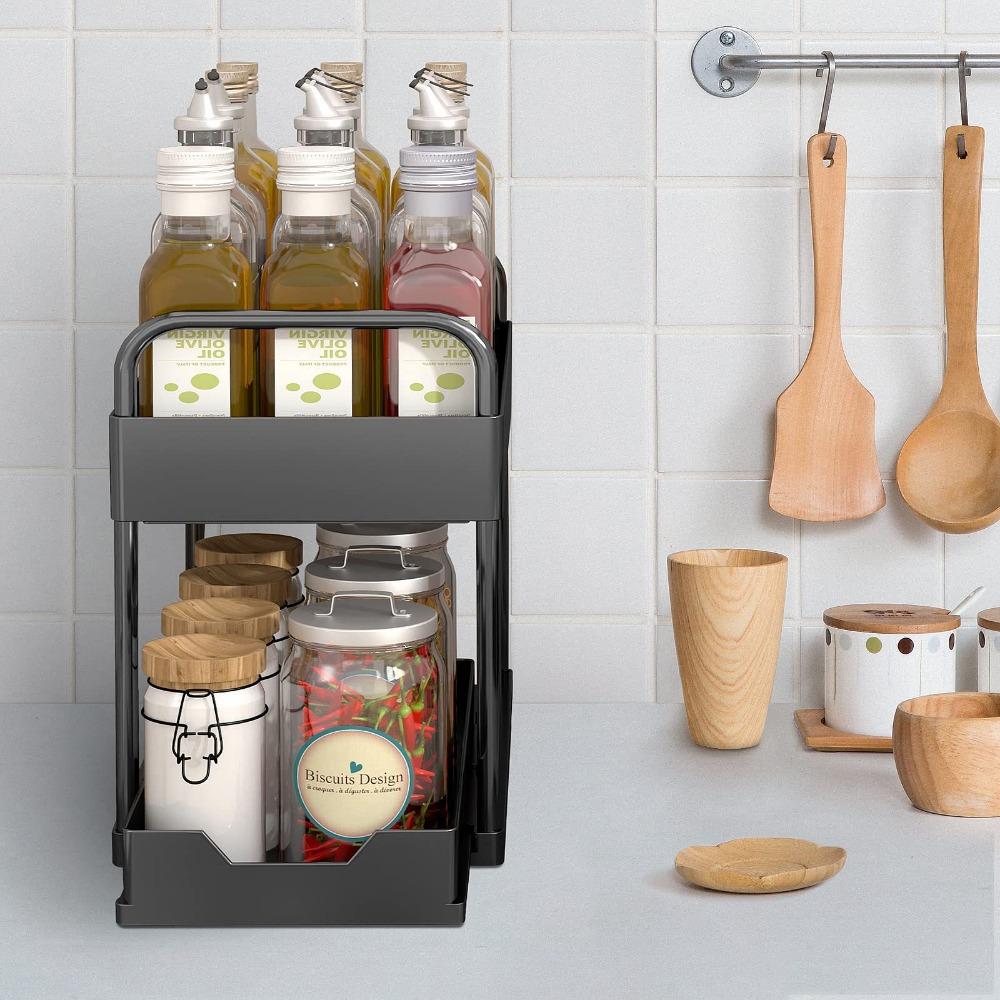 Kitchen Desktop Storage Rack Simple Double-deck Pull Out Type Storage Rack Save Space Household High-capacity Cabinet Organizer