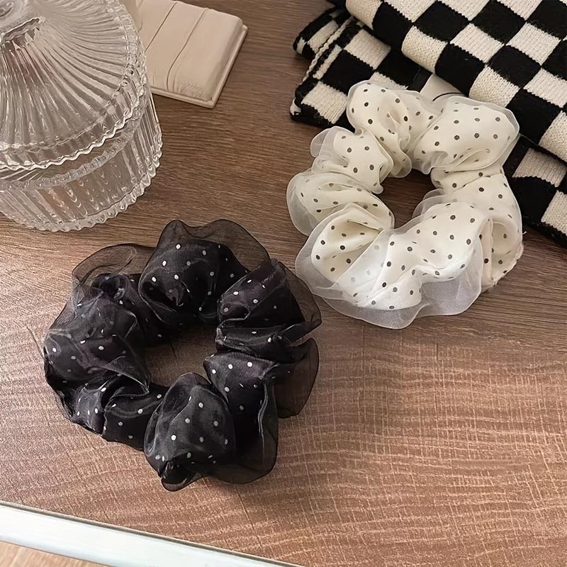 Chic Polka Dot Mesh Double Layer Hair Scrunchies - Black & White, Stylish for Parties, Birthdays, And Girls'S Day Gifts, Everyday Hair Accessories