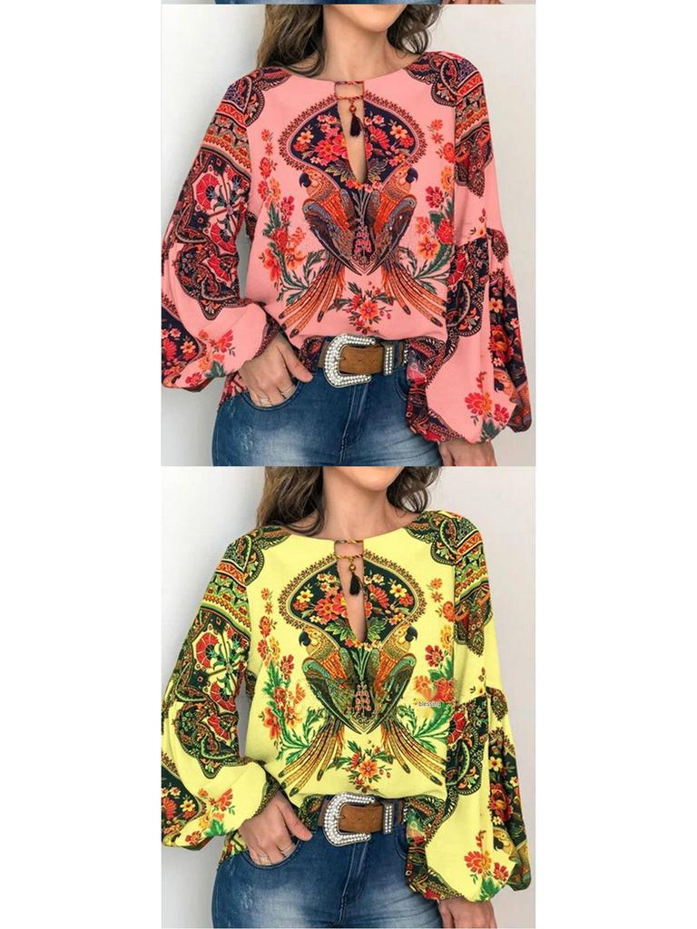 Frühling/Sommer 2025 Damen Digitaldruck Laternenärmel Bluse