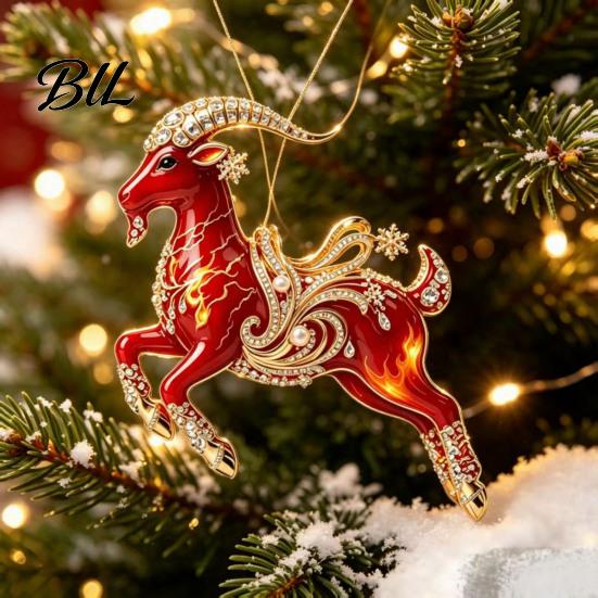 Decorative Goat Figurine Acrylic Christmas Tree Pendant, Hanging Ornament with Collectible Holiday Ornaments Rhinestone, Golden Cord for New