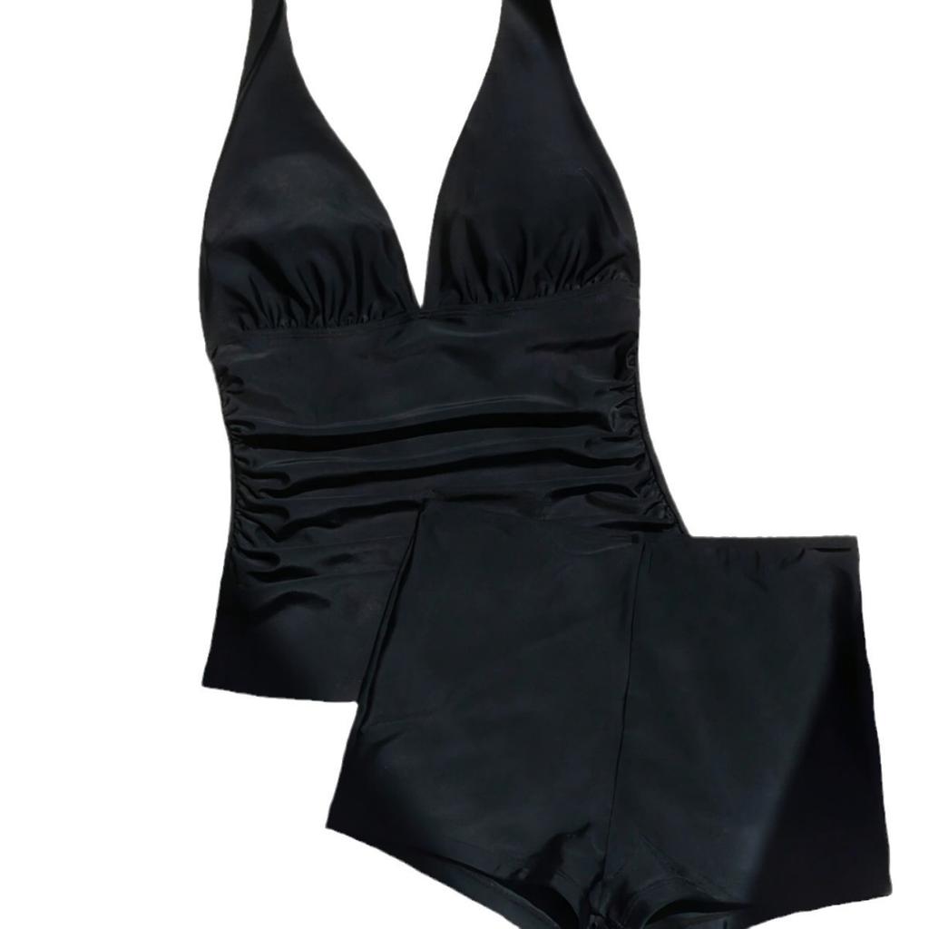 Neuer Europäischer Und Amerikanischer Hals Schwarz Flach Winkel Geteilt Große Größe Bikini Konservativ Gefalteter Badeanzug Damen