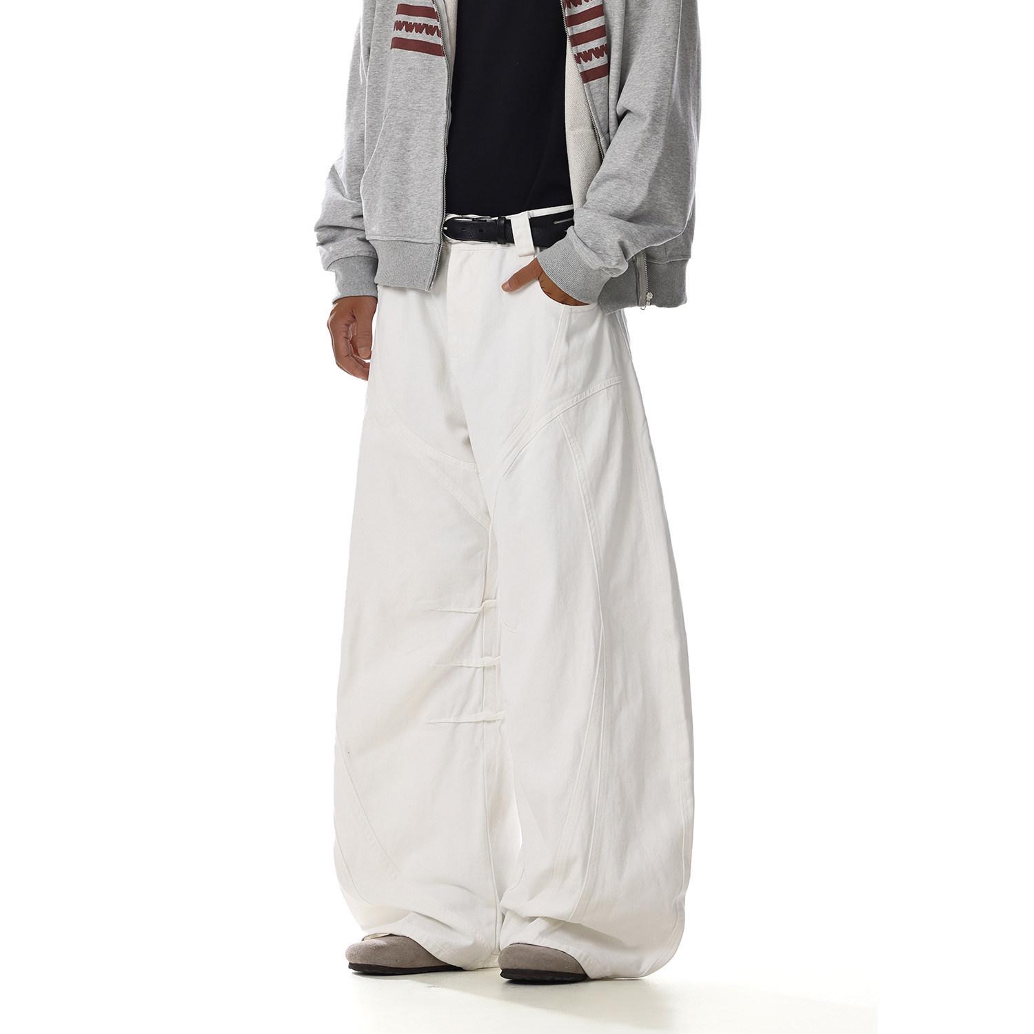 Unisex Retro White Curved Leg Workwear Jeans - Loose, Versatile, Straight/Wide Leg Fit M белый