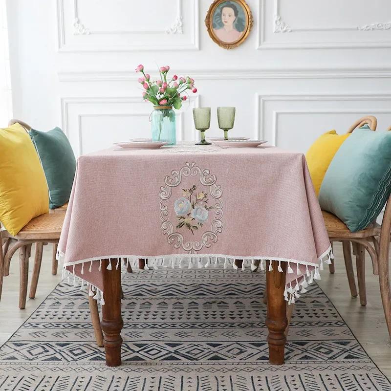 Floral Embroidery Tassel Tablecloth, Cotton Linen, Dust Proof Table Cover, Kitchen, Dining Room,Home Party, Tabletop Decor