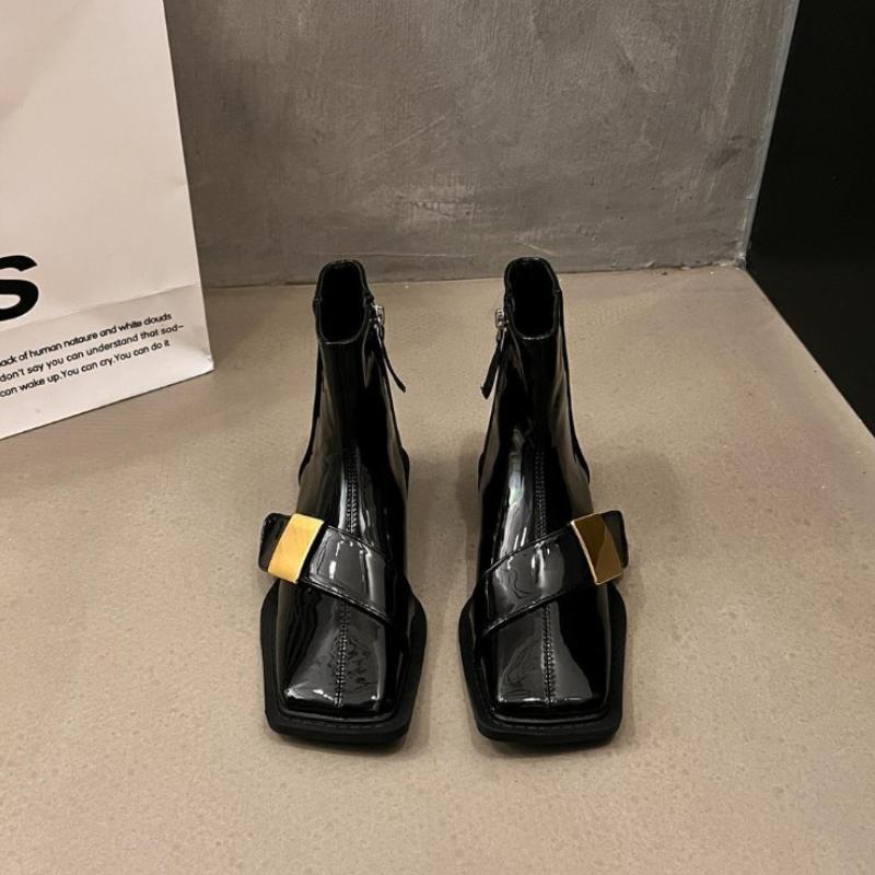 Black Leather Ankle Boots For Women Elegant With Low Heels Woman Short Shoes Spring Autumn Square Toe Booties Footwear