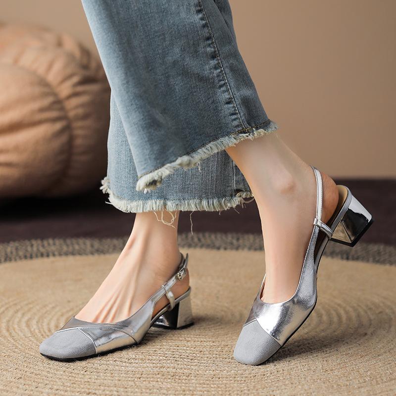 Giant Exquisite Bag Head Sandals Women's Thick Heel Square Head Sheepskin Medium Heel Color Matching Mary Jane Shoes Summer