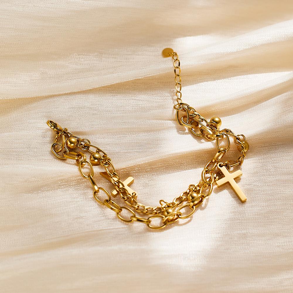 XIXI Joyas De Acero Inoxidable Para Mujer Double Cross Stainless Steel Gold Plated Custom Fashion Jewelry Chain Bracelet Bangle