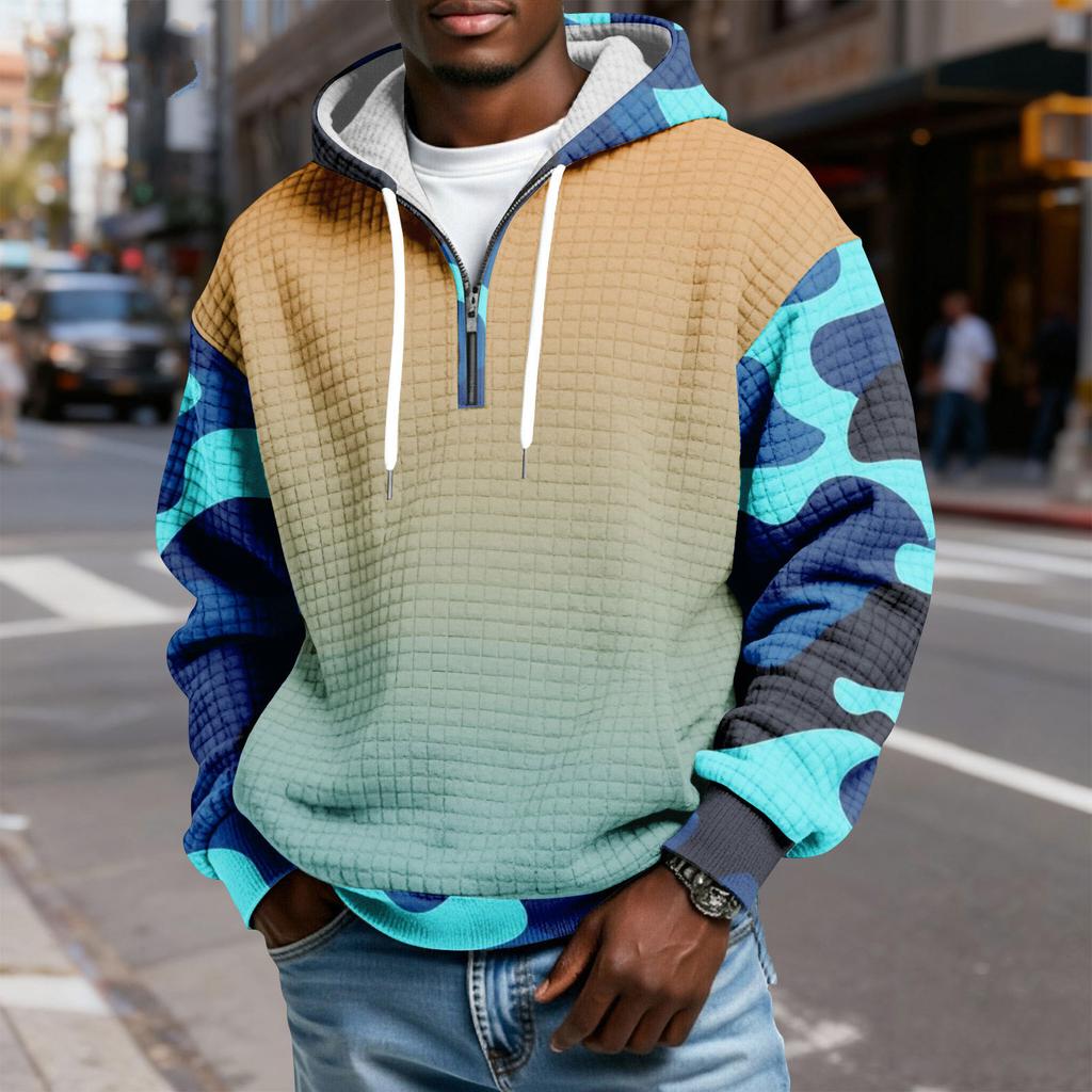 Herren Half-Zip Kapuzen-Plaid-Pullover Kordelzug Print Lässiges Sport-Sweatshirt