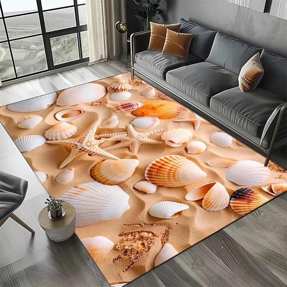 Starfish Beach Shell Sand Pattern Area Rug Coastal Ocean Carpet for Living Room Bedroom Kids Play Room Non-Slip Floor Mat