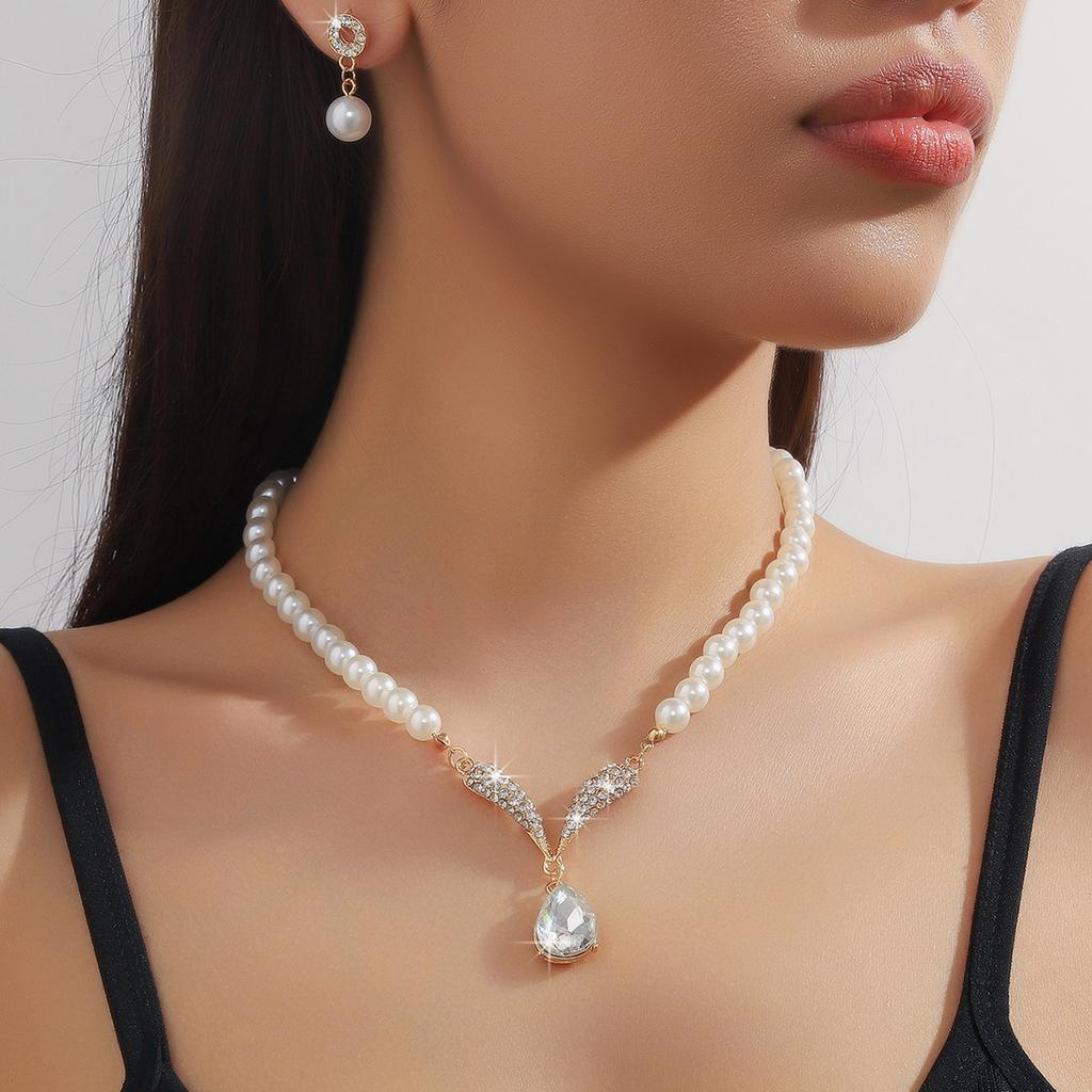 3PC Women's Fashion Trend Pearl Droplet Necklace Earrings Zircon Set Wedding Banquet Party Festival Gift
