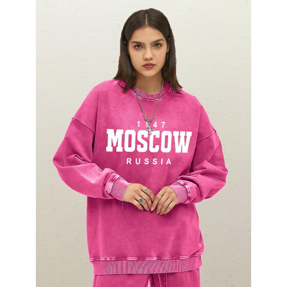 Moscow Russia Art Letter 1147 Print Women Washed Sweatshirts Soft Oversize Pullover Autumn Cotton Sportswear Crewneck