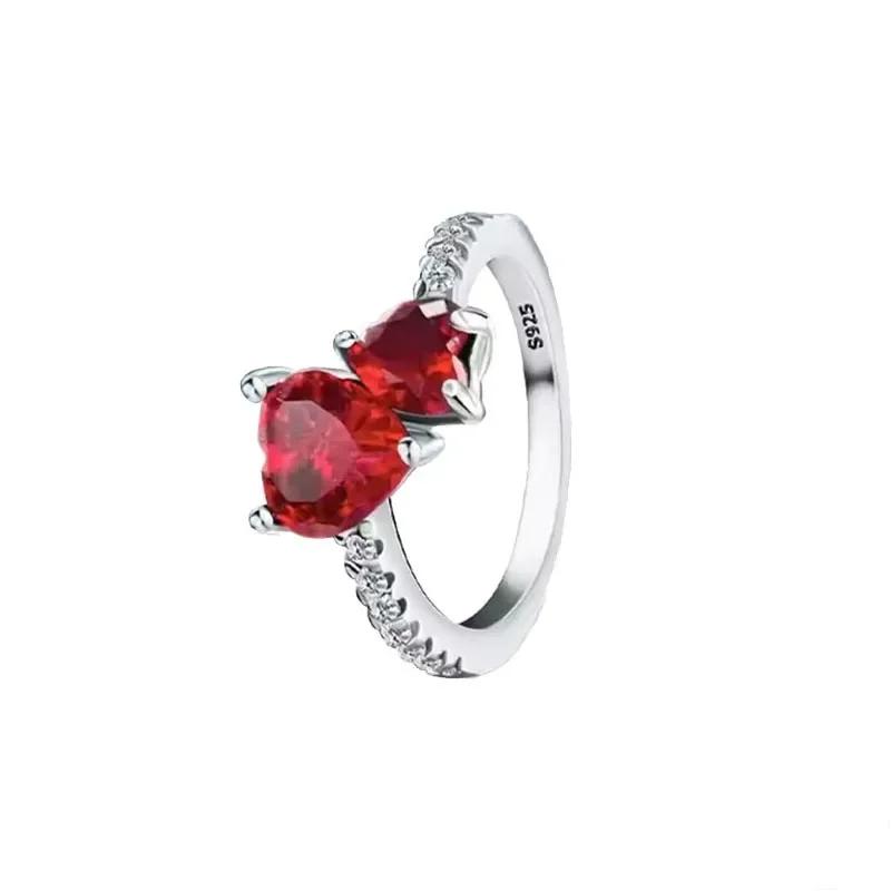 Classic Shiny Red Jewelry 925 Silver Exquisite Heart-shaped Bowknot Ring Necklace Bracelet Women's Jewelry Party Gifts