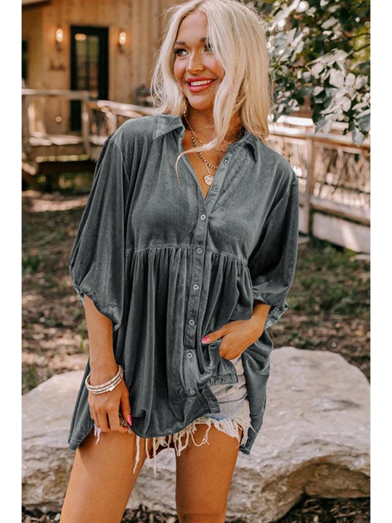 2025 Autumn Women's Solid Velvet Single-Breasted Pleated Long Sleeve Shirt - European and American Style