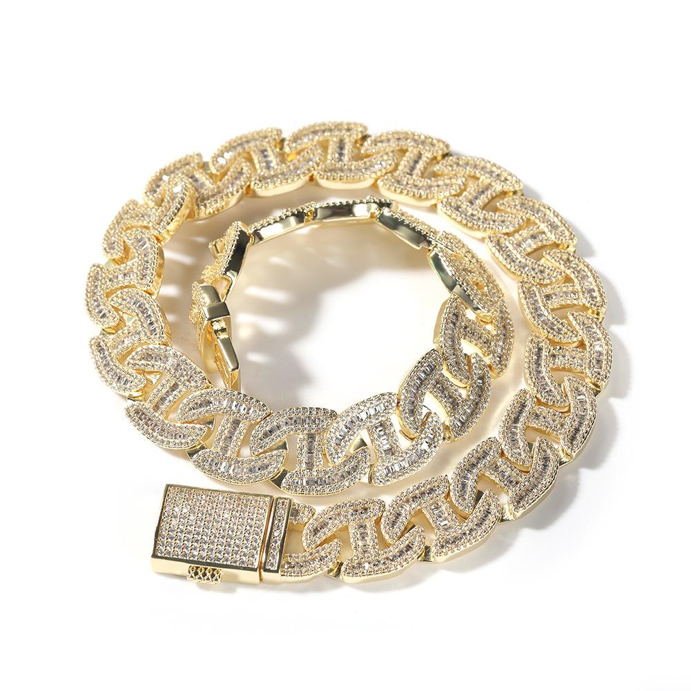 

16Mm Mixed Ladder Zircon Cuban Chain Heavy Industry Box Buckle Pig Nose Hip Hop Necklace 16inch