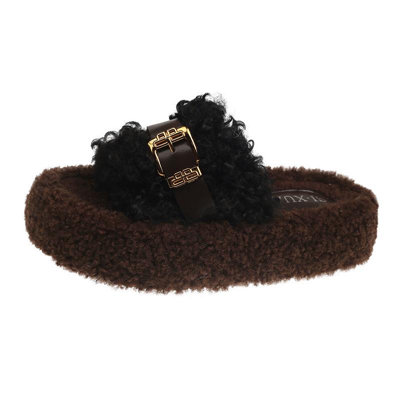 

2025 autumn new muffin thick-bottomed fluffy slippers women s outer wear belt buckle one-word plush cotton slippers 35