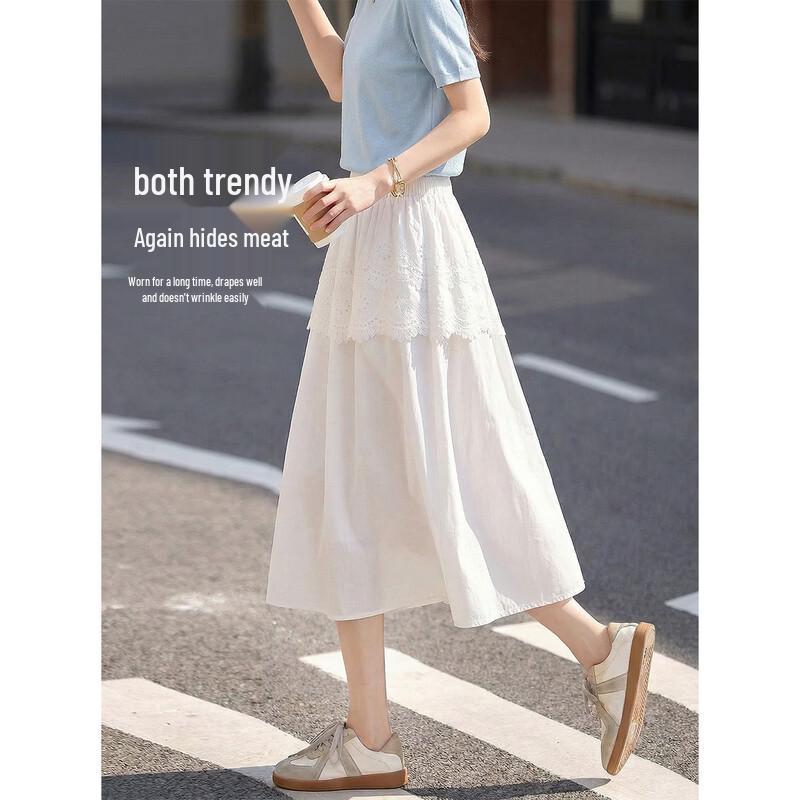 Women s Cotton Poplin Lace Trim A-Line Midi Skirt L