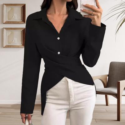 Women Shirt Lapel Long Sleeve Single Breasted Shirt Tops Solid Color Buttons Placket Autumn Shirt Daily Wear