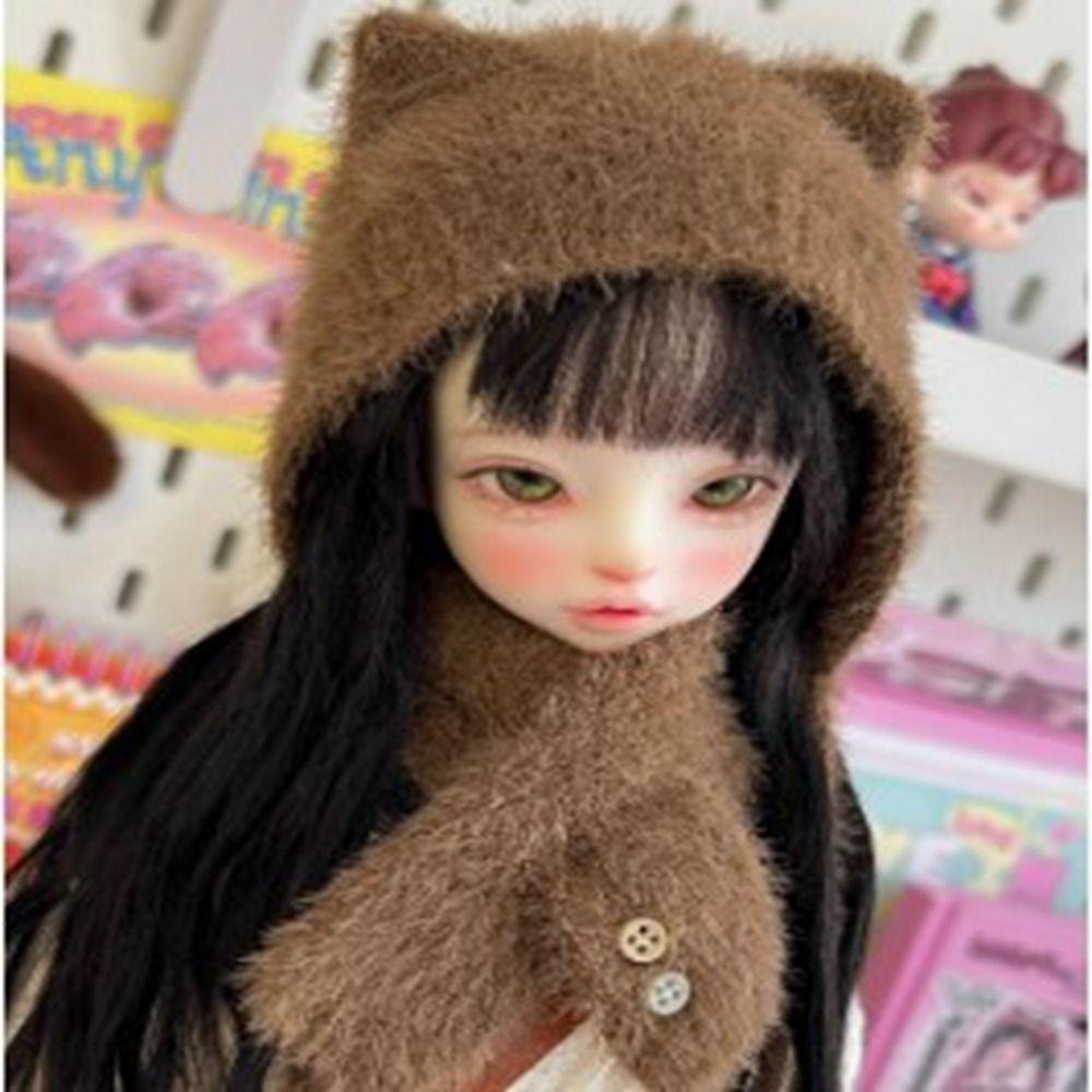 Módní chlupatá čepice s kočičími uši DIY ručně pletená vlněná čepice šála pro panenky 1/4 1/6 BJD 30/45cm