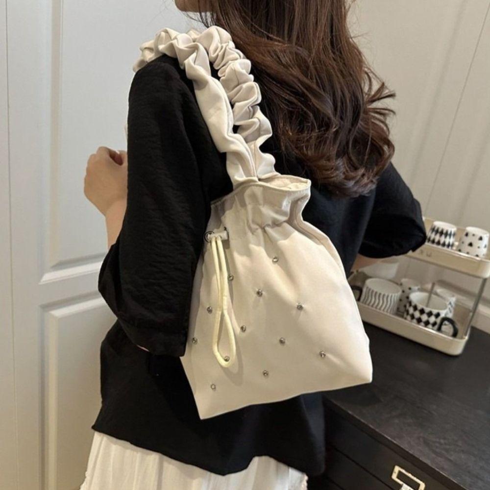 Sweet Pleated Tote Bag Large Capacity Drawstring Handbag Trendy Nylon Shoulder Bag  Commuting