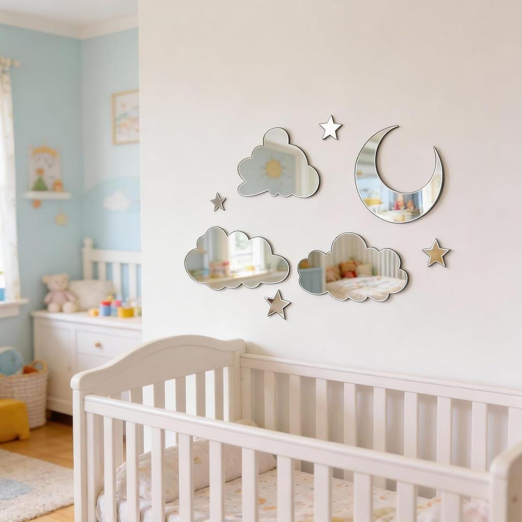 3D Moon Cloud Mirror Wall Decor Acrylic Mirror Wall Stickers Self Adhesive Decorative Moon Star Cloud Wall Decals for Baby Kids Children's Living Room